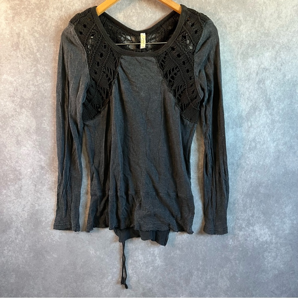 Free People Long Sleeve Top Black Lace Up Back Crochet Accents Womens Sz Medium